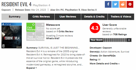 《生化危机4 重制版》PS4版M站用户评分仅4.3分：优化不太行