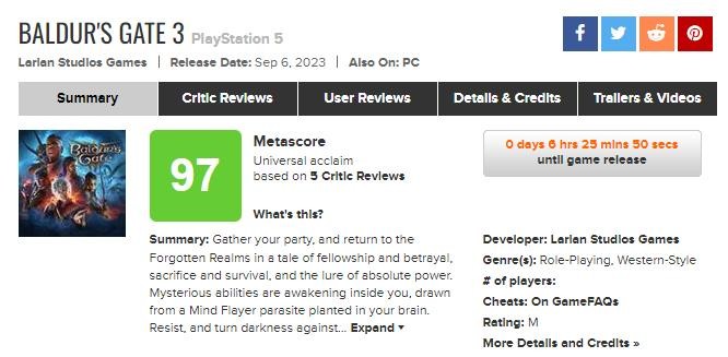 《博德之门3》PS5版媒体评分解禁 M站均分97(博德之门3破誓者)