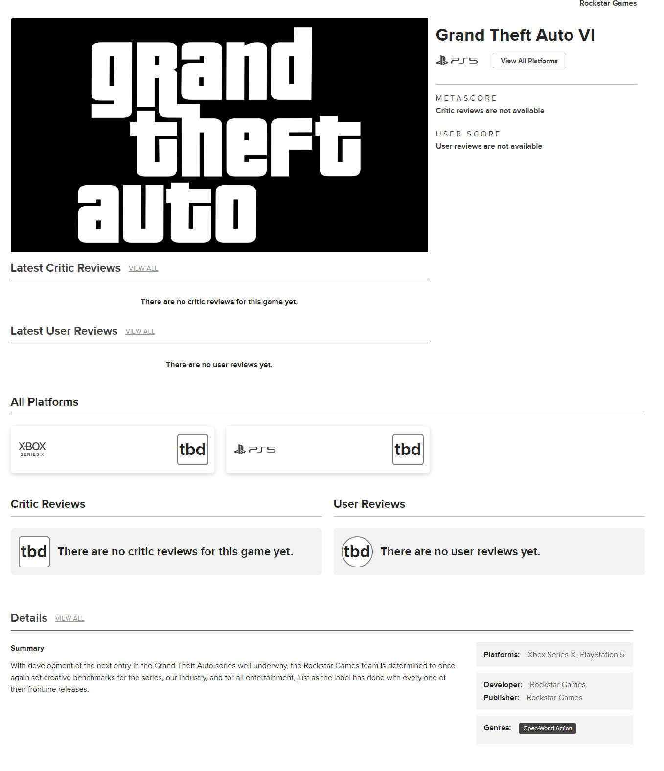 Metacritic站上线《GTA6》游戏页面 只登陆主机平台(metacritic官网)
