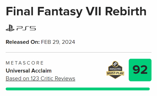 《FF7重生》M站评分略降至92：依然100%好评！(《FF7重生》制作人发文祝贺新年)