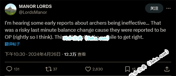 《庄园领主》回应弓箭手太弱：之前太强了，正在调整中(庄园领主发售日期)