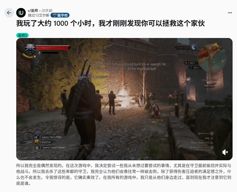 《巫师3》游玩1000小时玩家惊喜发现：这个角色能救？