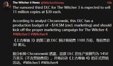 传《巫师3》新DLC定价30美元！目标销量1100万份